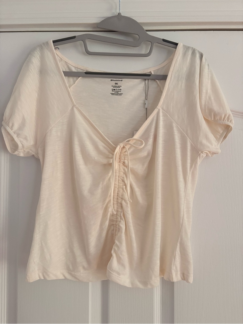 Drawstring V-Neck Short Sleeve Tee - Cream